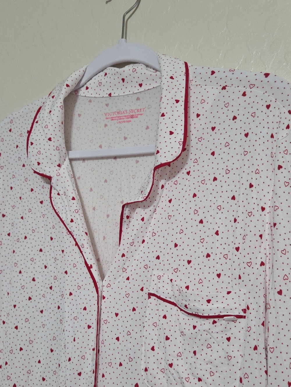 Victoria's Secret White Long Sleep shirt with Red Heart Print and Red Piping
